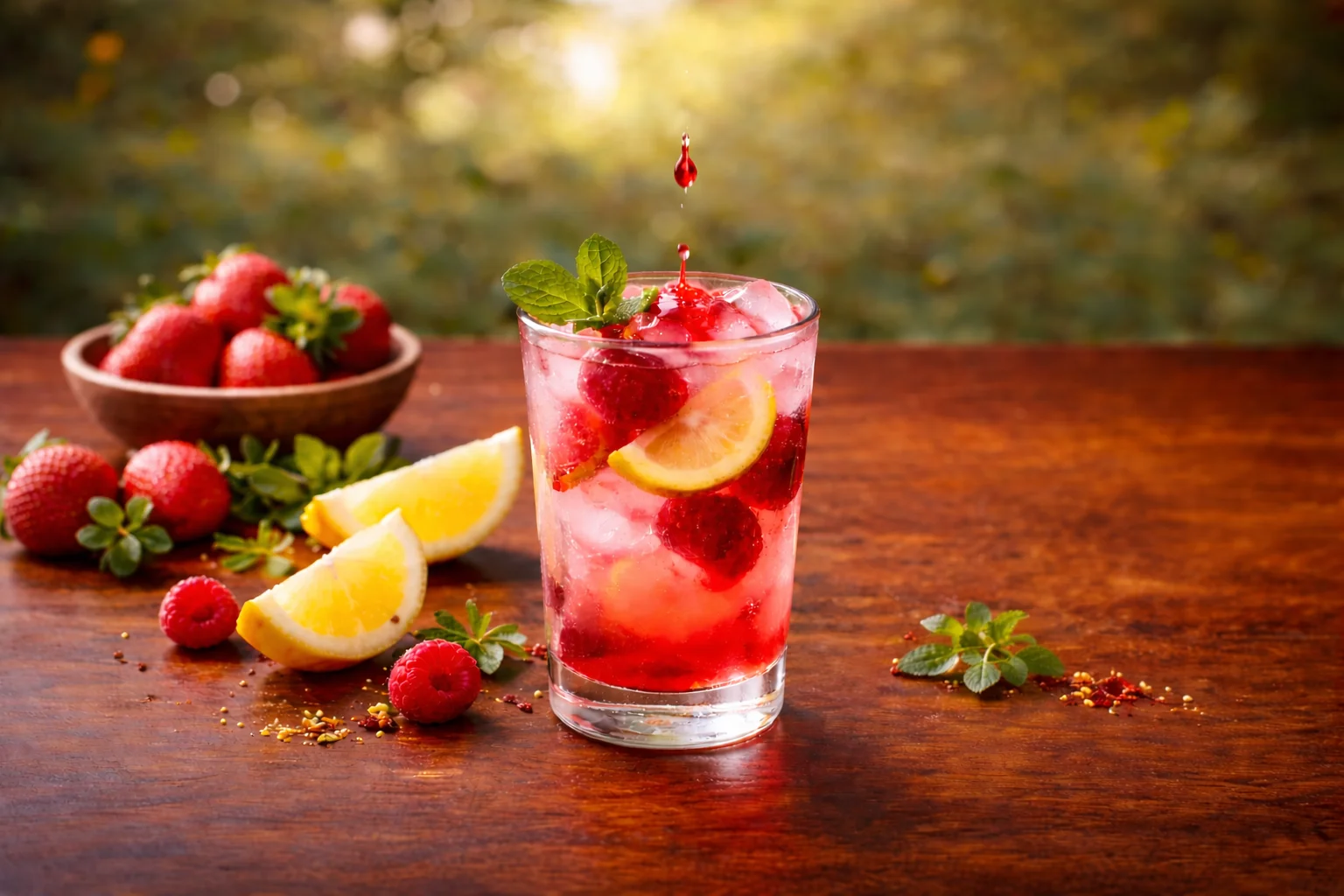 Fruchtiger Sirup wird in ein Glas mit Eis und Früchten gegossen